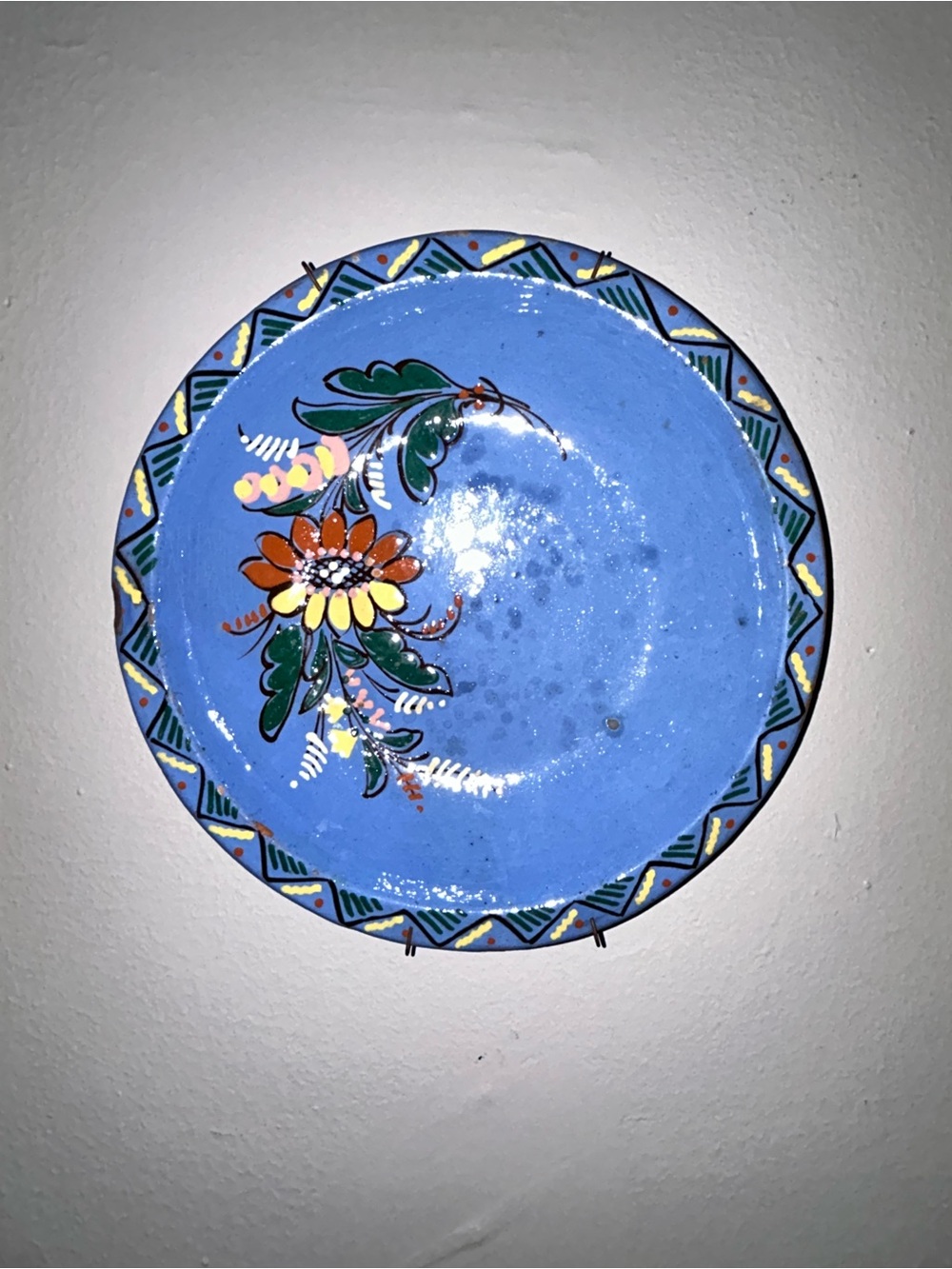 Blue Hand-Painted Terracotta Art Floral Decorative Plate VINTAGE MINT*